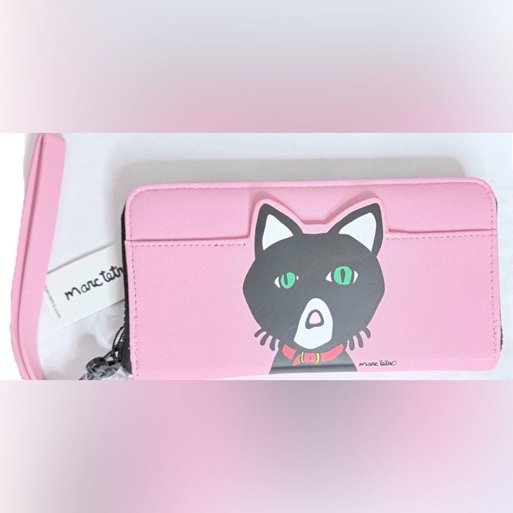 NWT Marc Tetro Pink Continental Wallet Black White Kitty Cat Wristlet